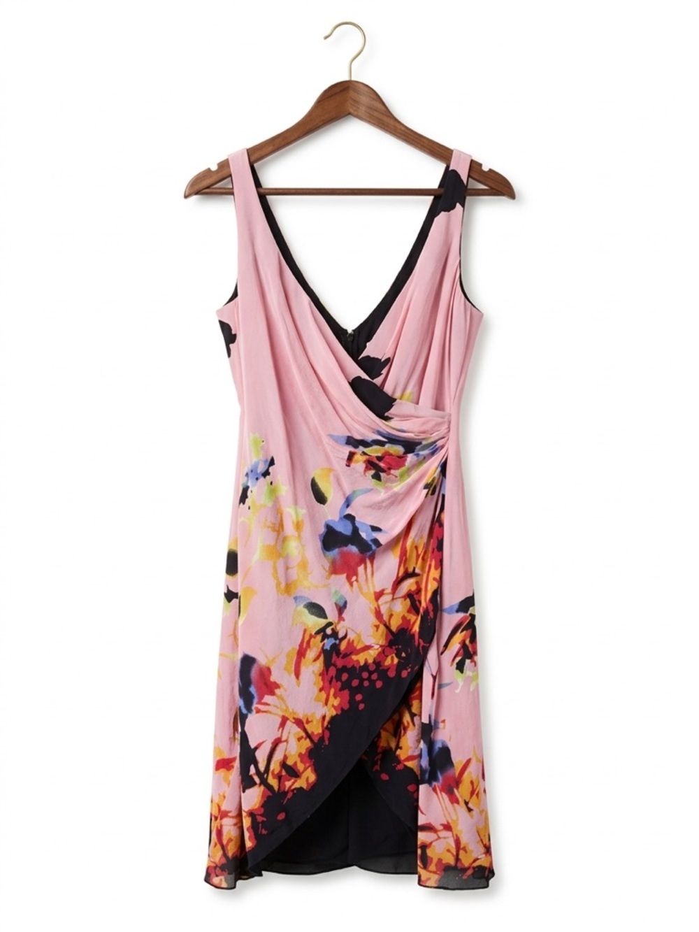 Vtg Andrea Polizzi Rex Lester Pink Silk Floral Faux Wrap Midi Dress S